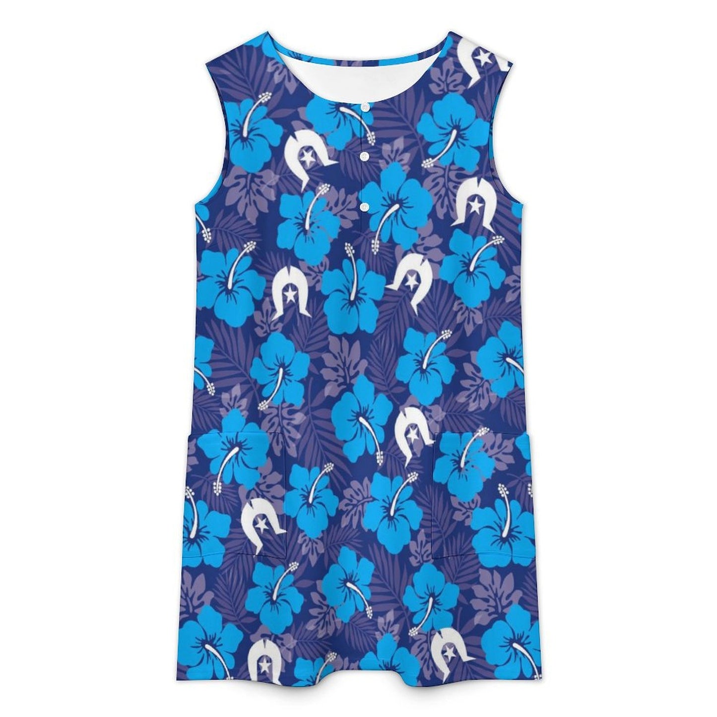 Hibiscus flowers with White Dhari (Royal blue) on Sleeveless Pocket Dress
