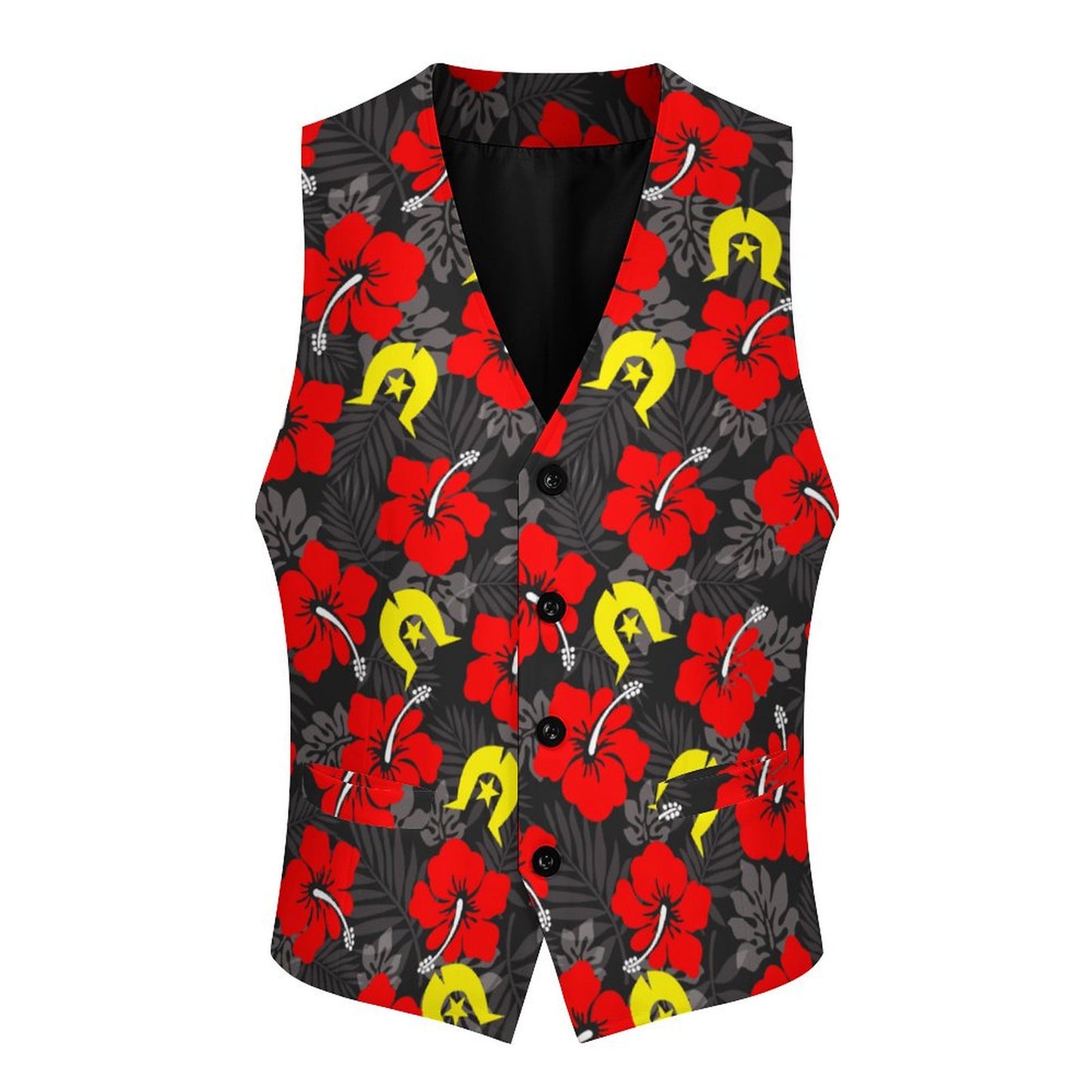 Royal Red Hibiscus with Yellow Dhari on Men's Sleeveless Suit Vest