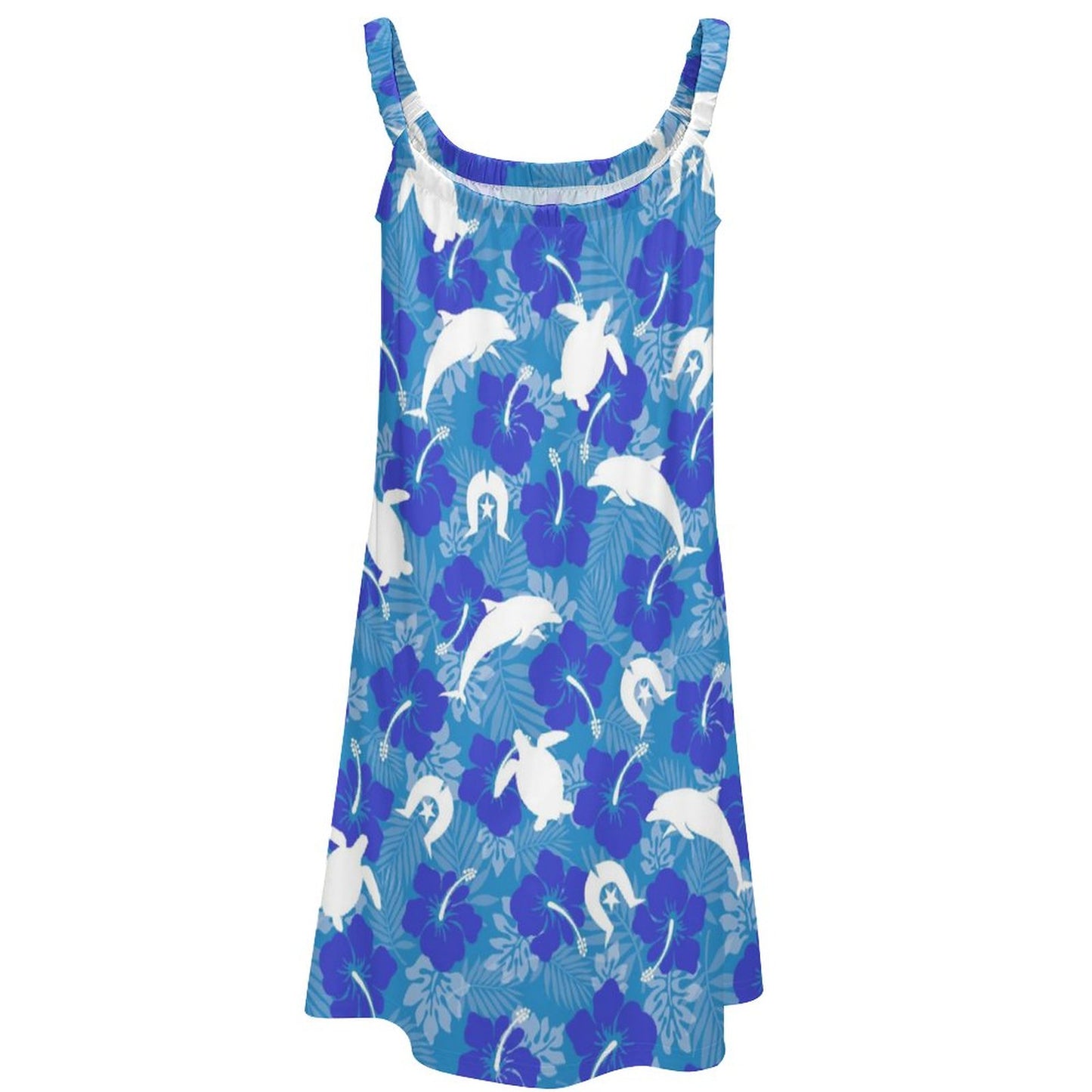White Hibiscus flowers with Dolphin, Turtle and Dhari (Royal blue) on Sleeveless Dress
