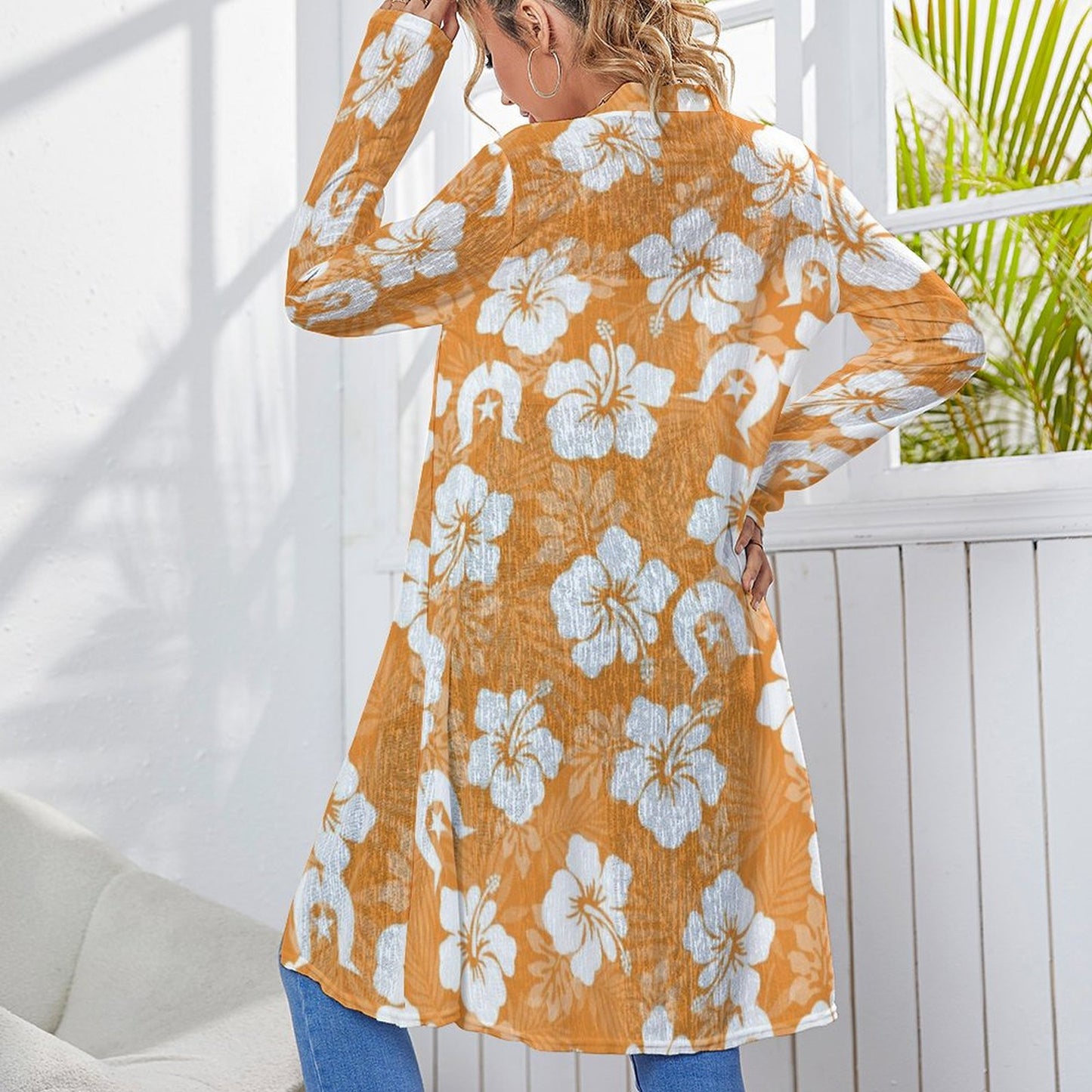 White Hibiscus flowers with Dhari (Orange) on Women's Mid-length Cardigan