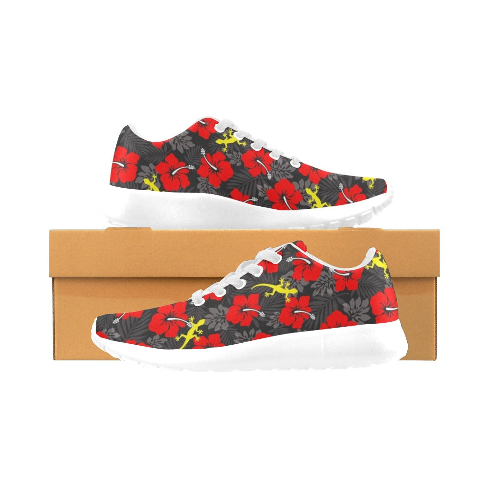 Royal Red Hibiscus flowers with Gecko on Kid's Sneakers