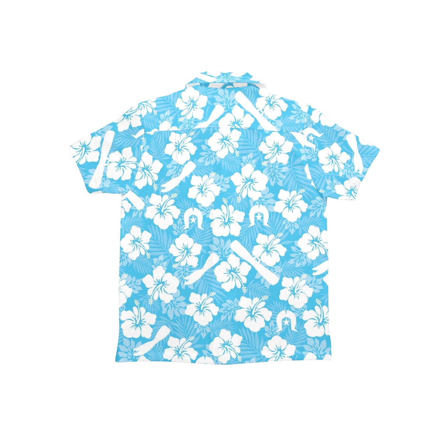 White Hibiscus flowers, Warup and Dhari (Blue) on Little Boys' Hawaiian Shirt