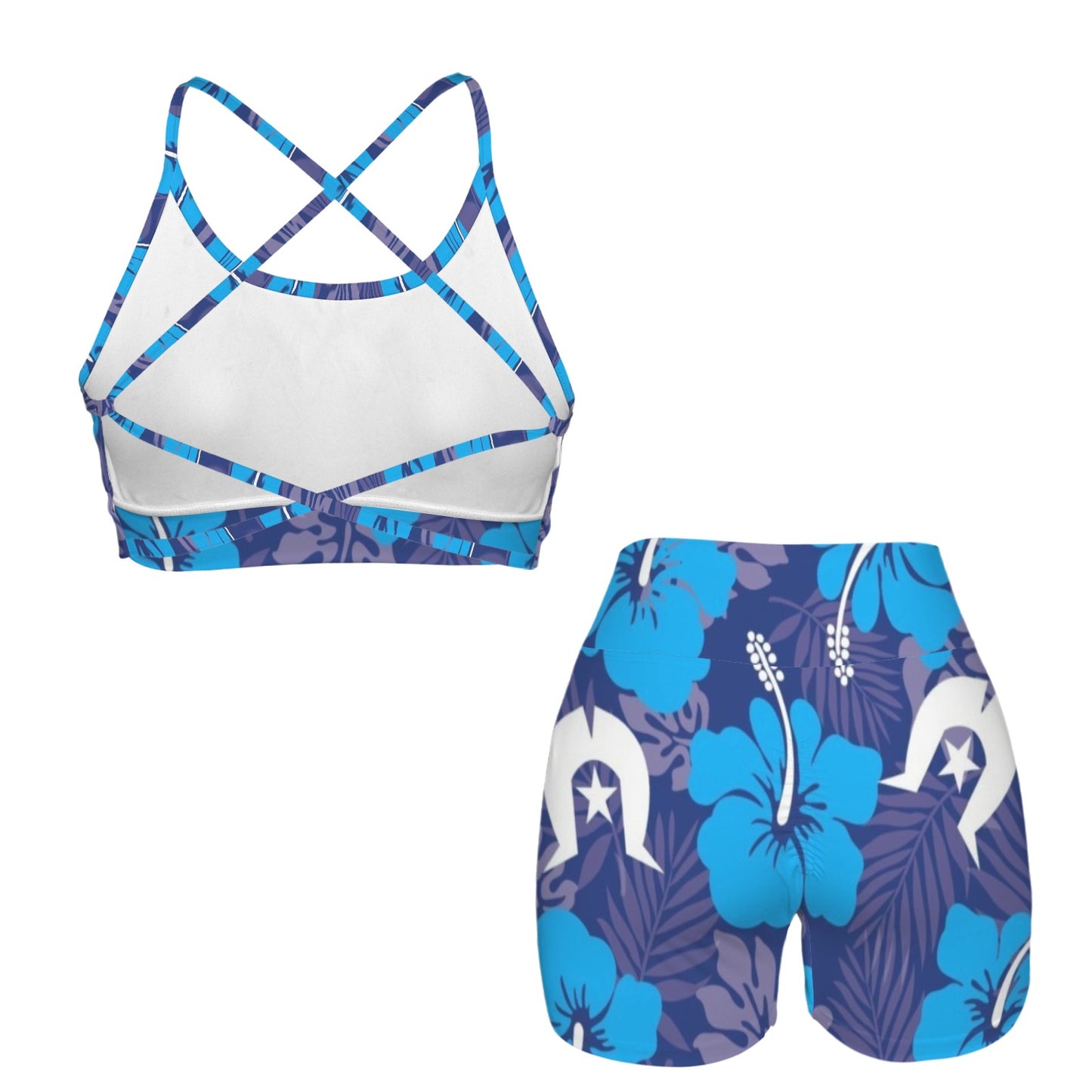 Hibiscus flowers with Dhari (Royal blue) on Cross Back String Sports Bra & High Waist Shorts Active Sets