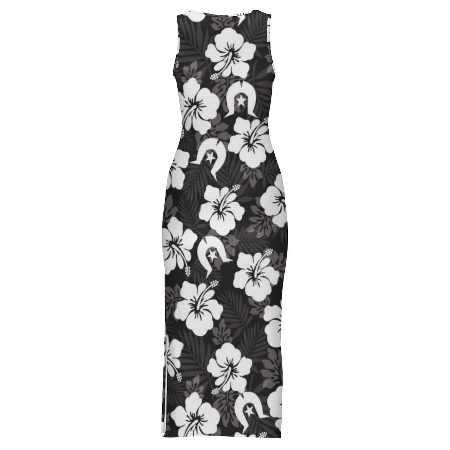 White Hibiscus and Dhari (Black) on 180gsm Slit Fitted Camisole Cheongsam