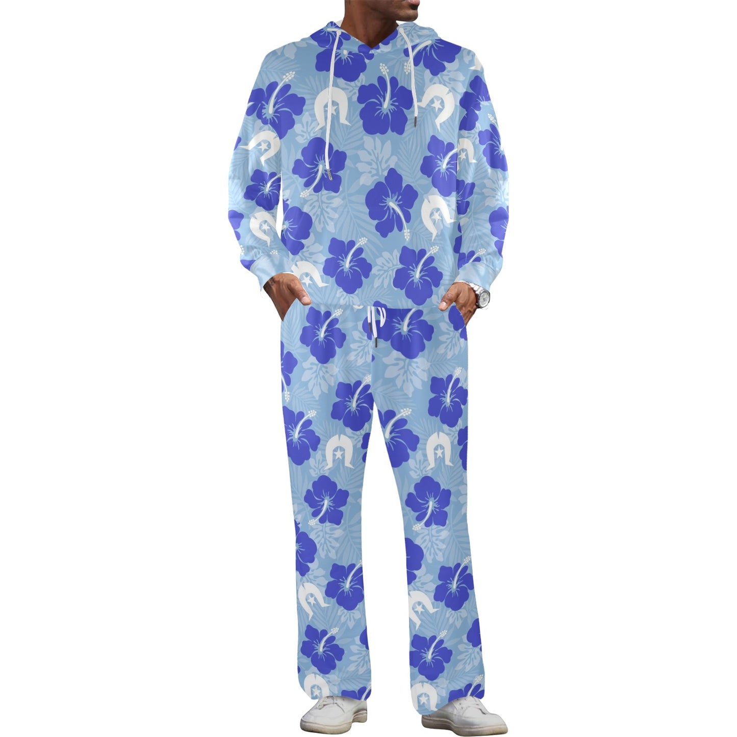 Hibiscus flowers with White Dhari (Sky blue) on Men's Streetwear Oversized Flared Tracksuit