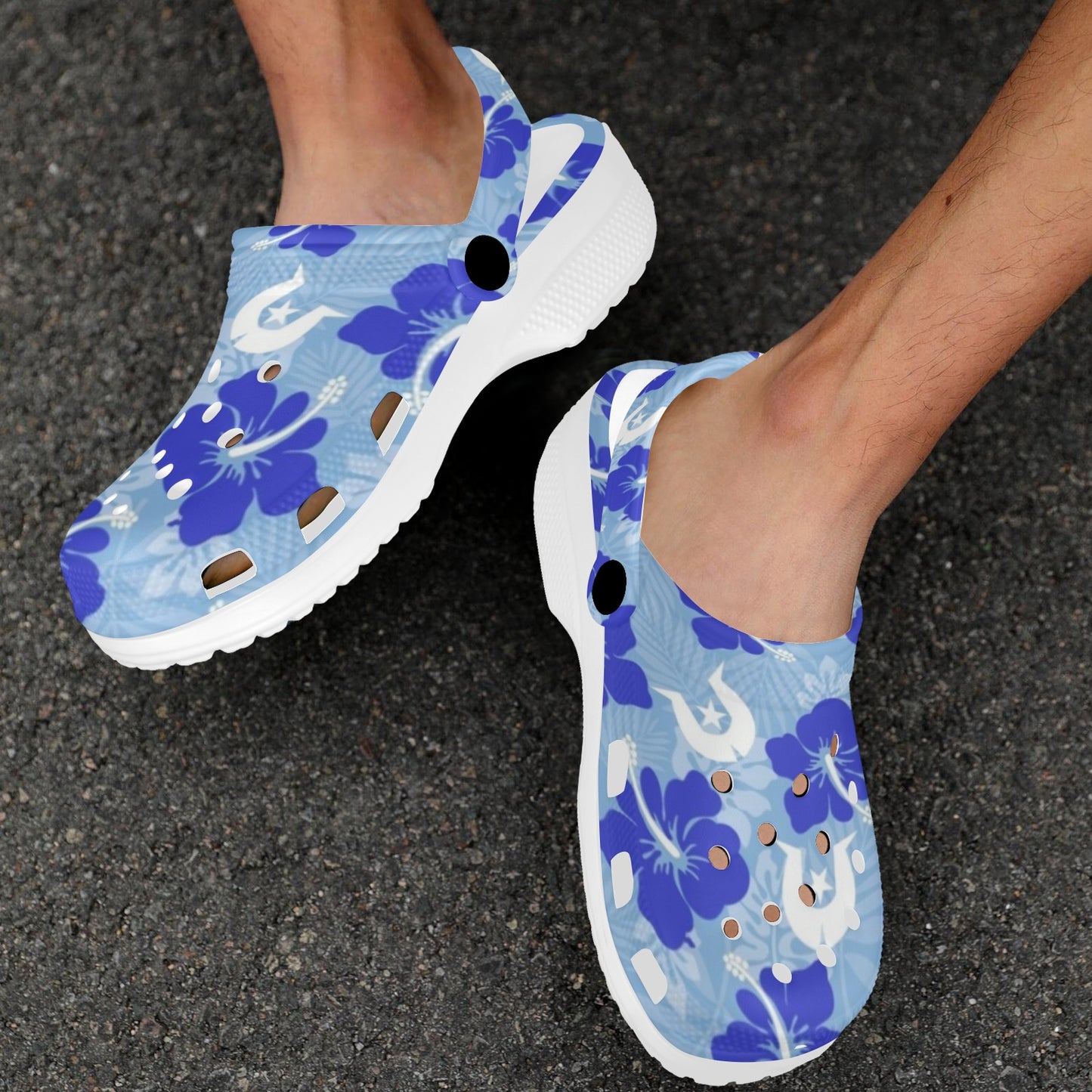 Hibiscus flowers with White Dhari (Sky blue) on Adults Clogs
