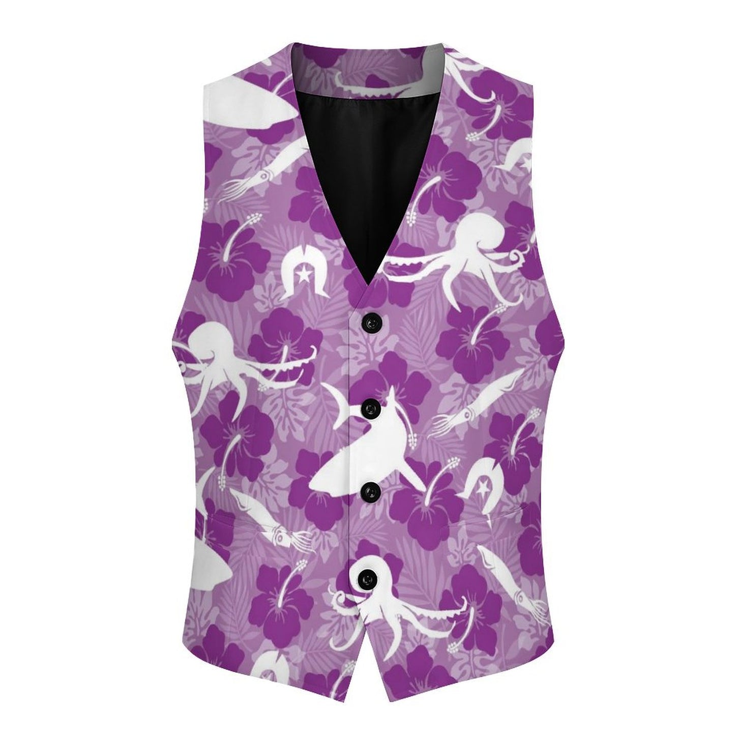 Hibiscus flowers with Octopus, Squid and Shark (Royal Purple) on Men's Sleeveless Suit Vest