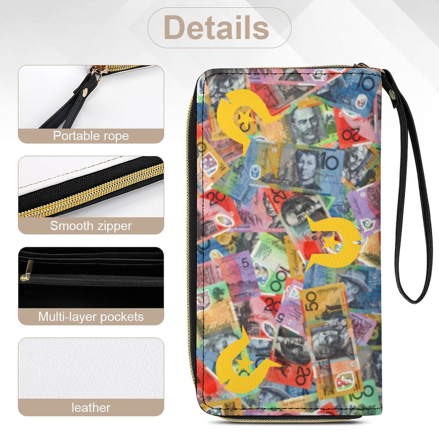 Gold coloured Dhari with Australian money on Leather Wallet with Wristlet Strap (2 Pictures on 2 Sides)