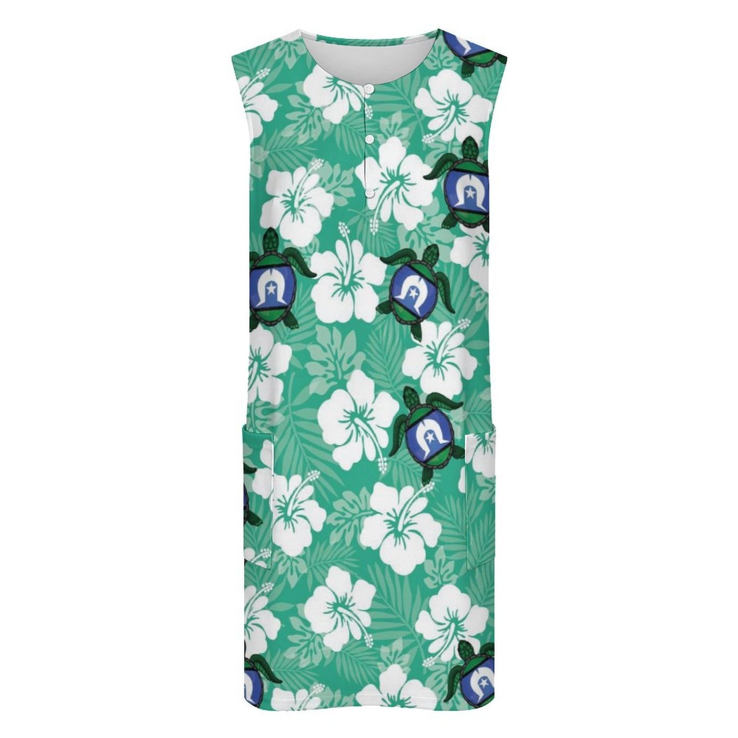 White hibiscus and Turtle with Torres Strait flag on Sleeveless Pocket Dress