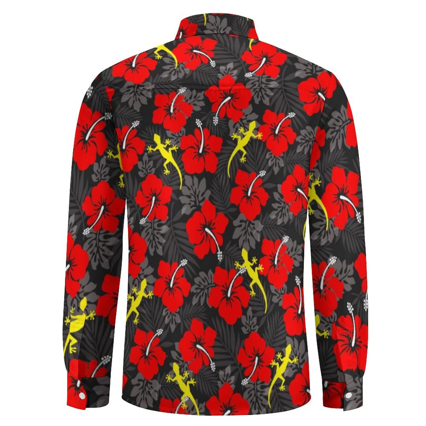 Royal Red Hibiscus flowers with Gecko on Men's Long Sleeve Shirt