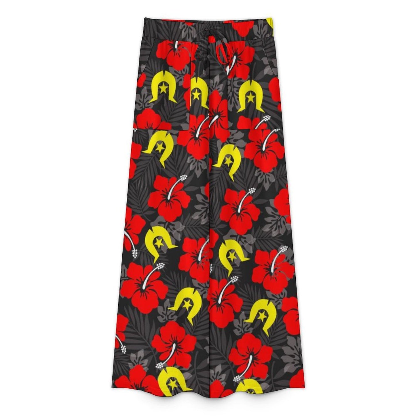 Royal Red Hibiscus with Yellow Dhari on Women’s Wide-Leg Pants