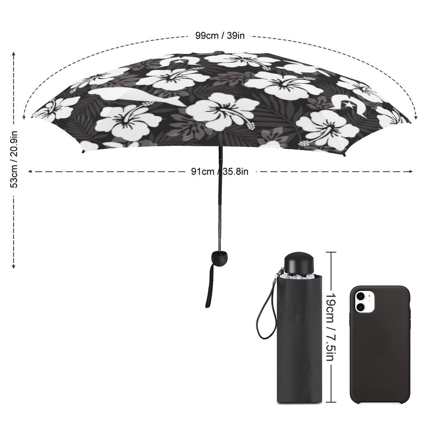 White Hibiscus flowers with Dugong, Turtle and Dhari (Black) on 5 Fold Umbrella