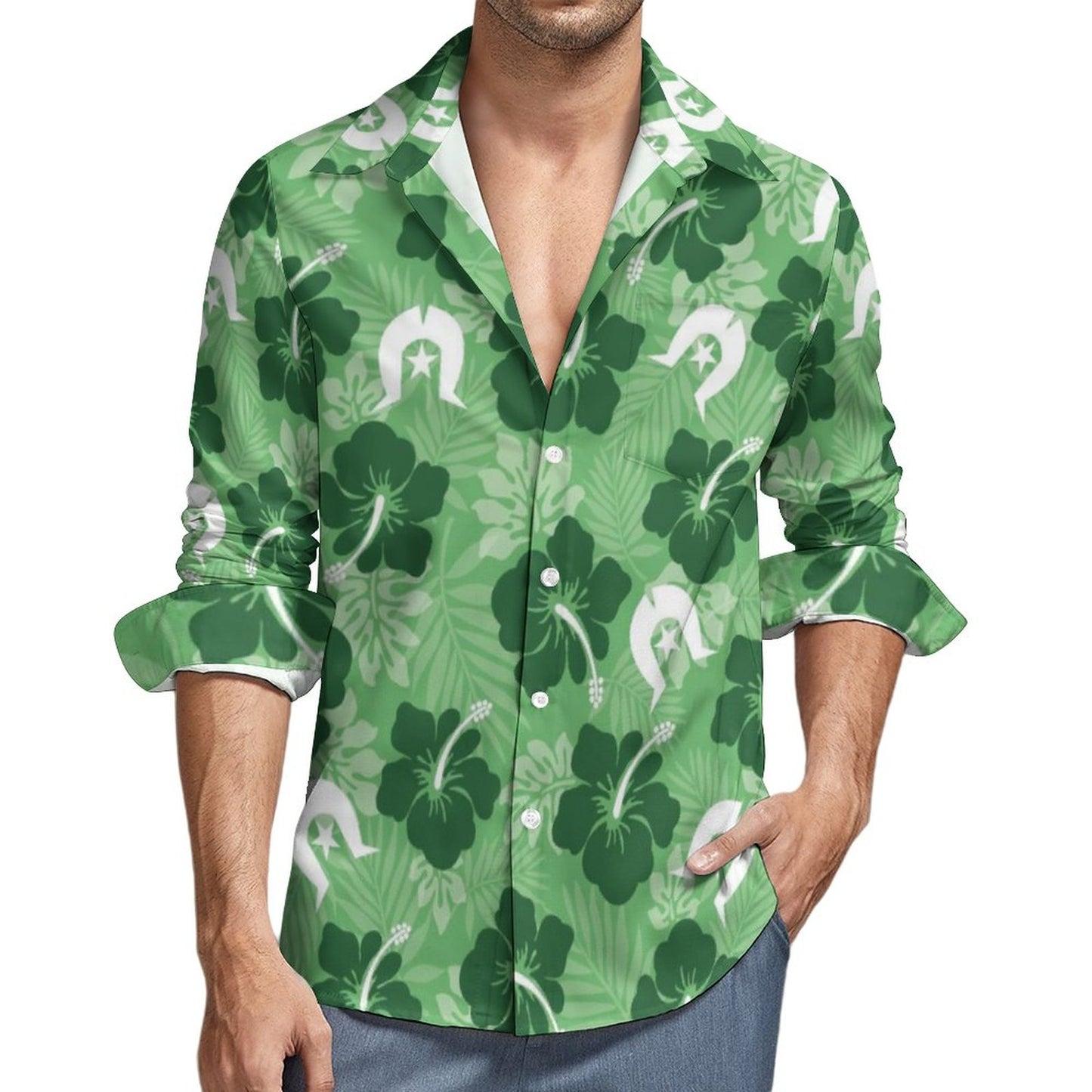 Hibiscus flowers with Dhari (Sea Grass Green) on Men's Long Sleeve Shirt