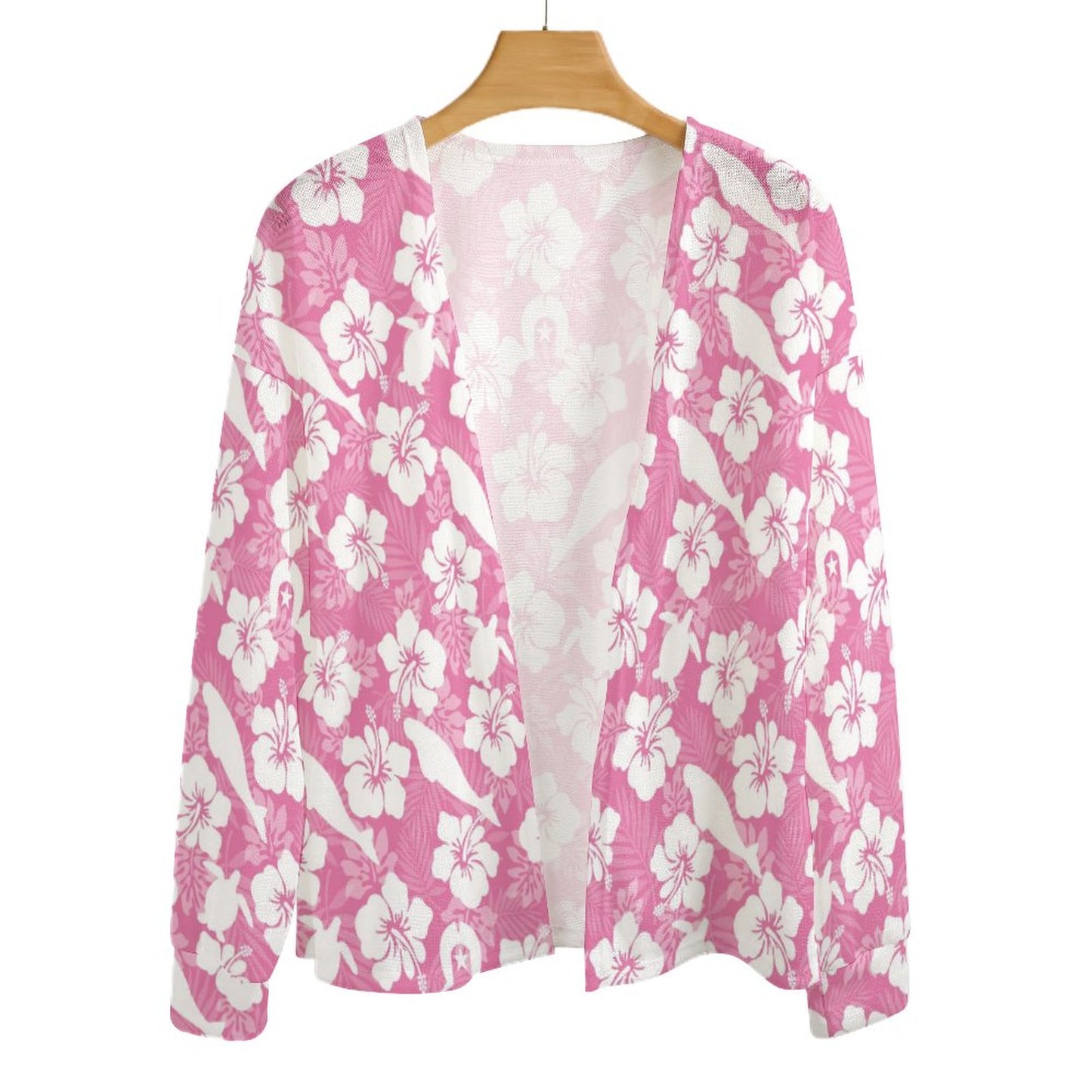 White hibiscus flowers with Dhari, Shark, turtle, and stingray (Pink) Long Sleeve Drop Shoulder Open Shirt