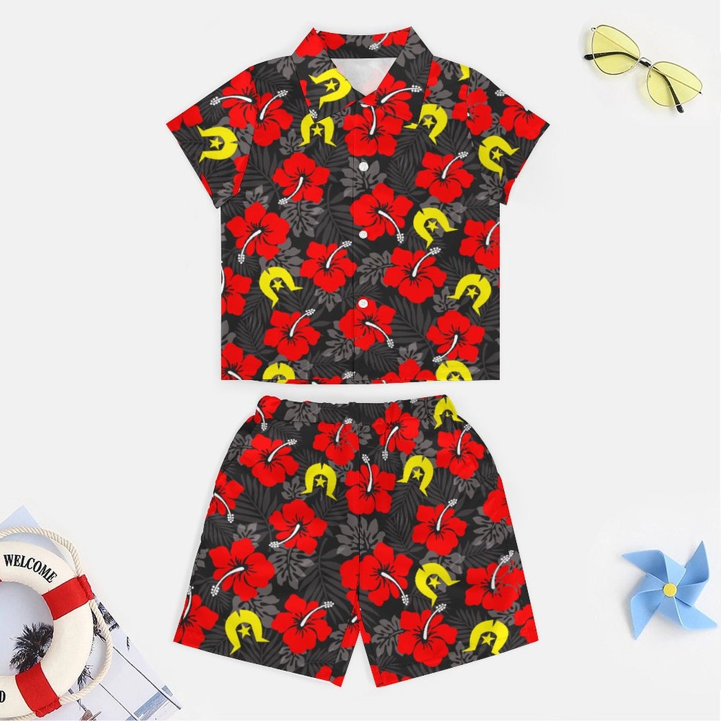 Royal Red Hibiscus with Yellow Dhari on Youth's/Kid's Casual Beach Outfit