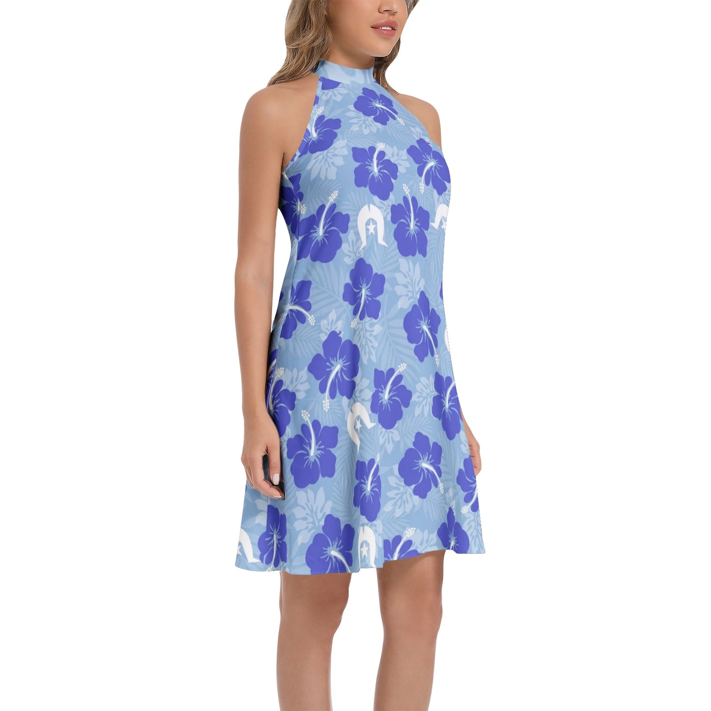 Hibiscus flowers with White Dhari (Sky blue) on Tie Back Halter Neck Flared Dress