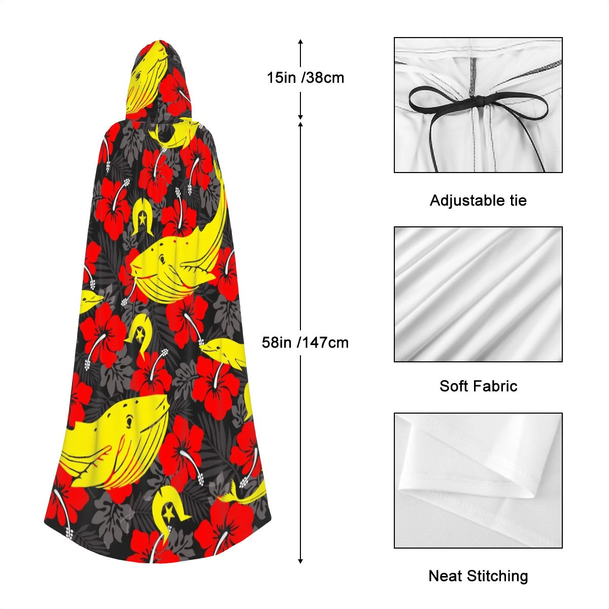 Royal Red Hibiscus with Yellow Dhari, Whale and Dolphin on Hooded Cloak