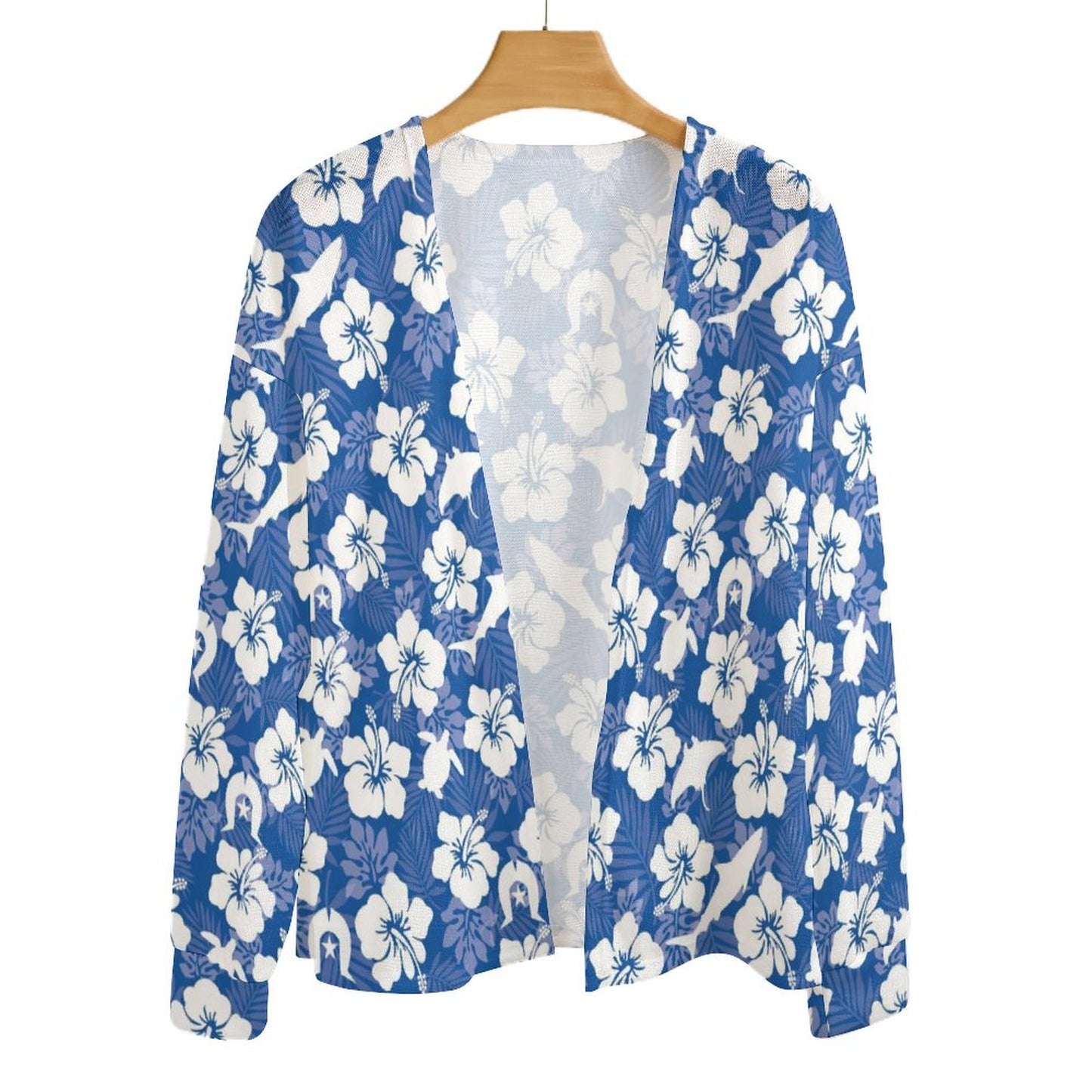 White hibiscus flowers with Dhari, Shark, turtle, and stingray on Long Sleeve Drop Shoulder Open Shirt