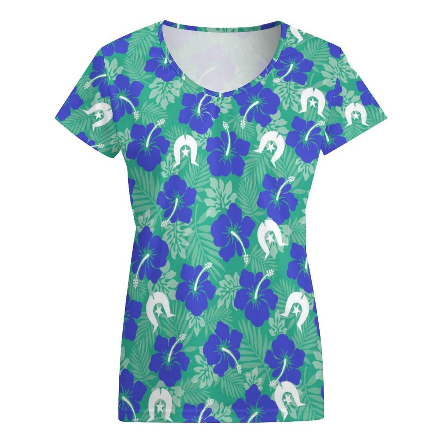 Royal Blue Hibiscus flowers with Dhari on V-neck Short Sleeve T-Shirt