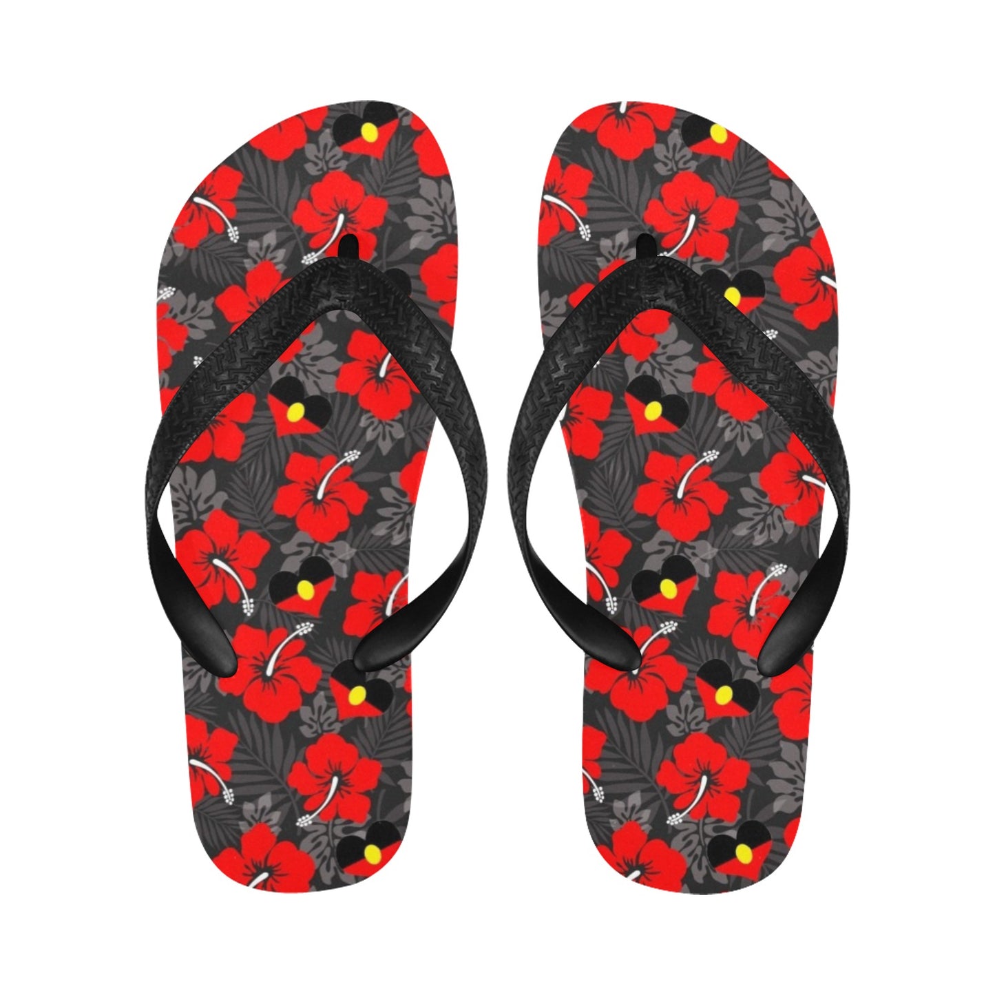 Royal Red Hibiscus and heart shaped Aboriginal flag on Flip Flops (For both Men and Women)