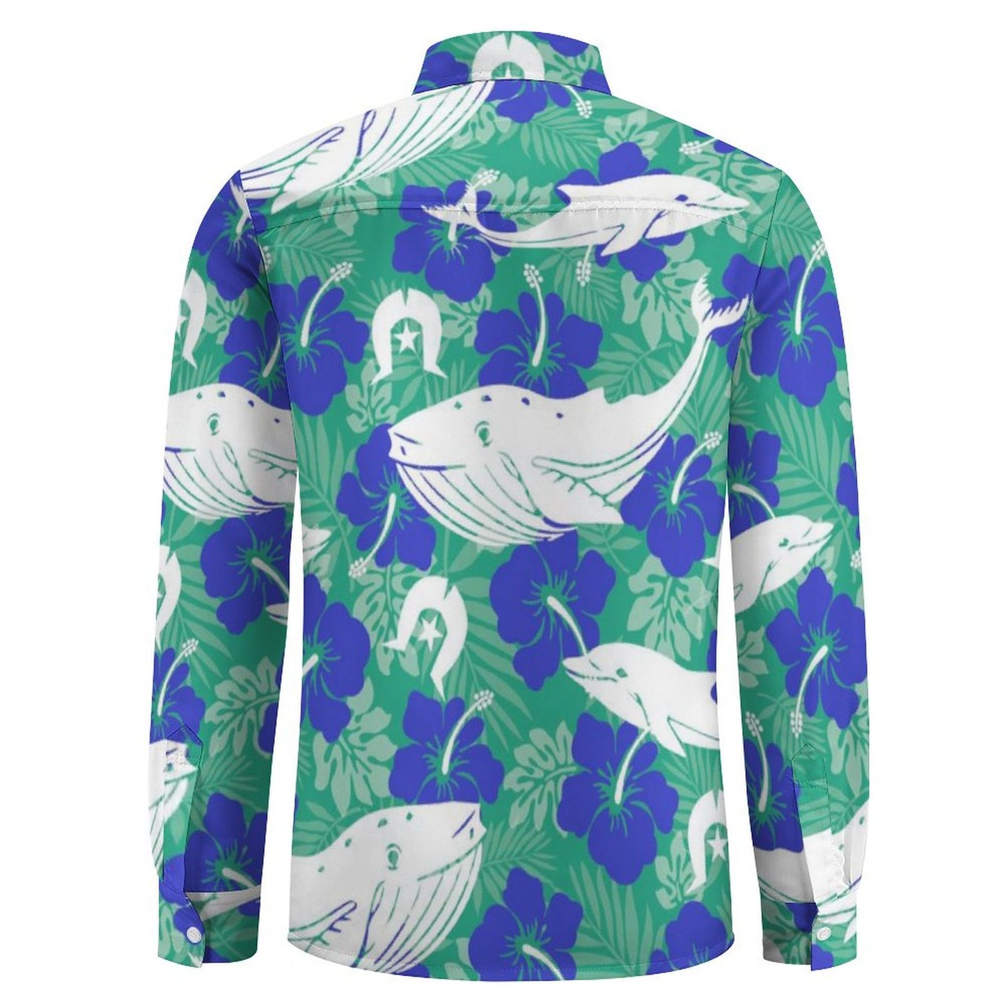 Royal Blue Hibiscus flowers with Whale, Dolphin and Dhari on Men's Casual Long Sleeve Shirt