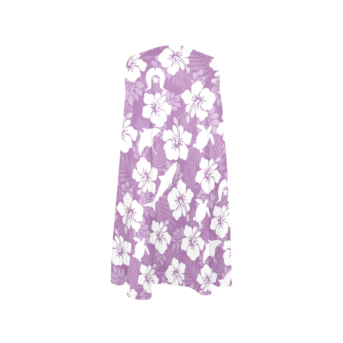 White hibiscus flowers with Dhari, Shark, turtle, and stingray (Purple) on Sleeveless Tank Dress with Pockets