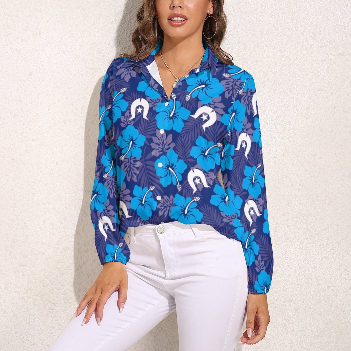Hibiscus flowers with Dhari (Royal blue) on Casual Long Sleeve Vintage Tour Shirt