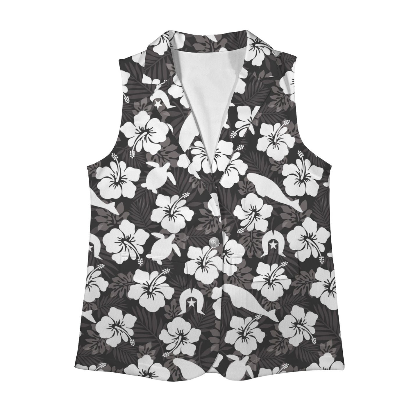 White hibiscus flowers with Dhari, Dugong and Turtle (Black) on Women Sleeveless Suit Vest