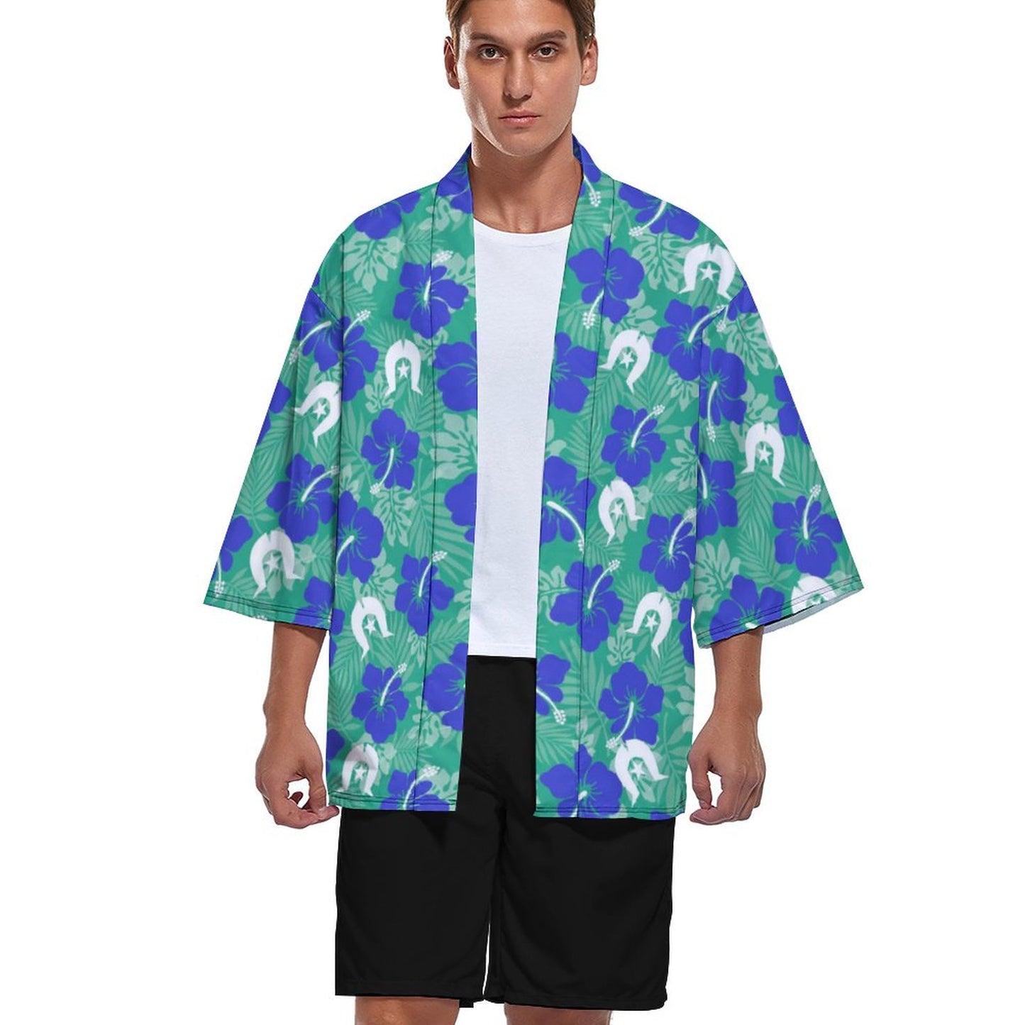 Royal Blue Hibiscus flowers with Dhari on Drop Shoulder Male Kimono Cardigan