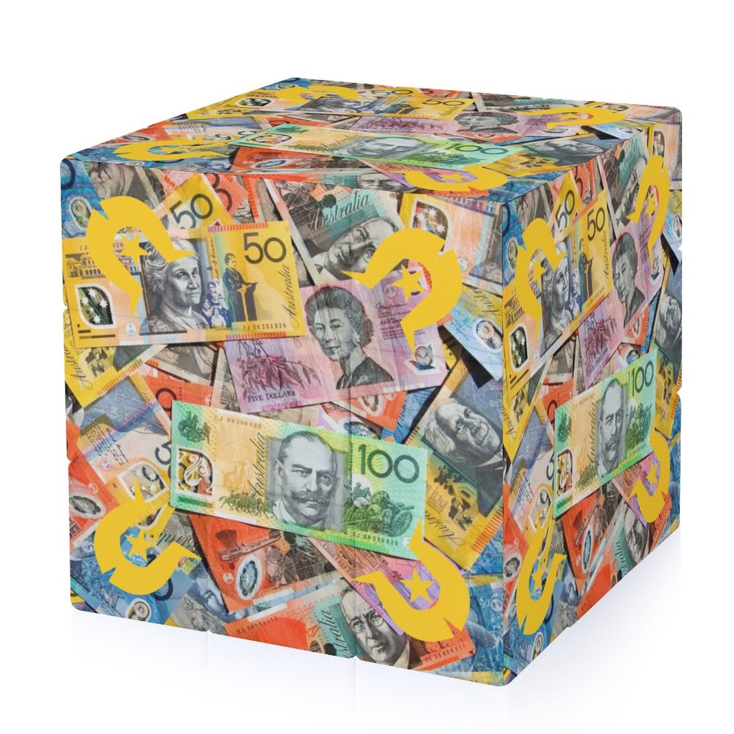 Gold coloured Dhari with Australian money (Version 2) on 3x3 Magic Cube (One-sided Printing)
