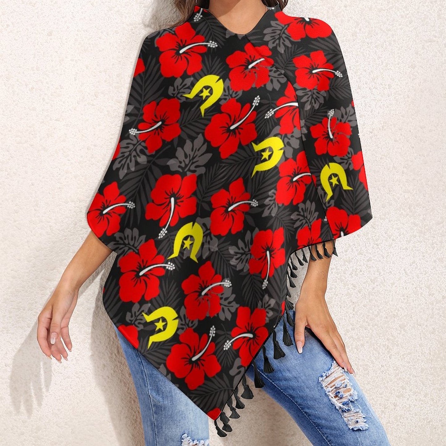 Royal Red Hibiscus with Yellow Dhari on Fringed Knitted Cape