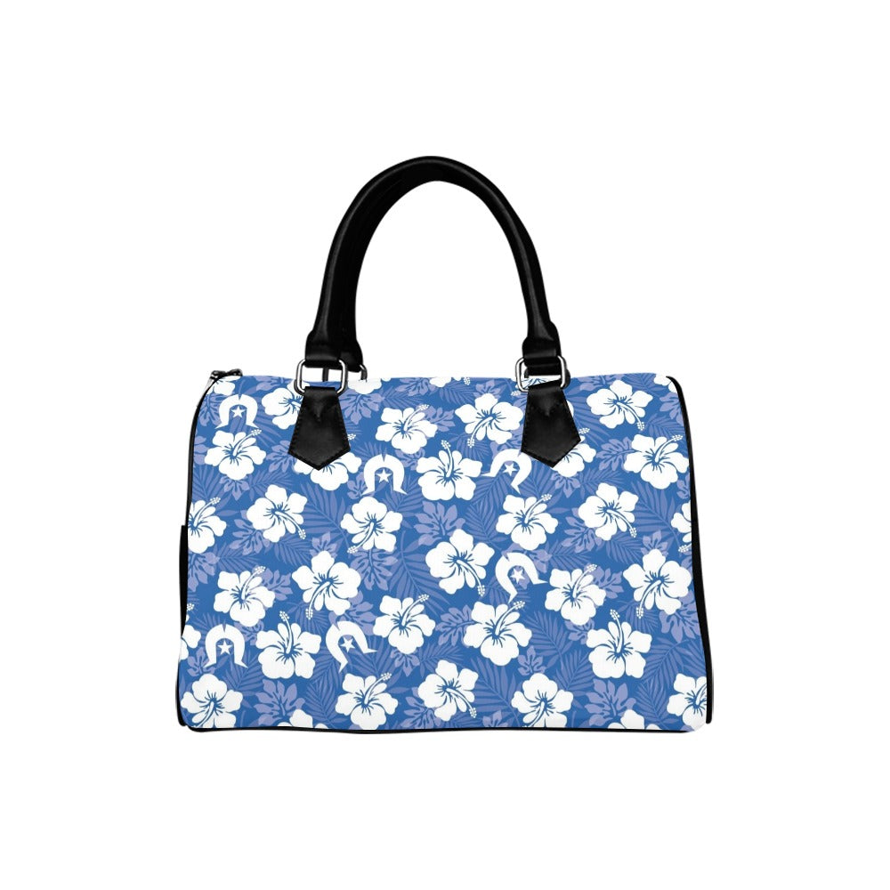 White Hibiscus and Dhari (Blue) on Handbag