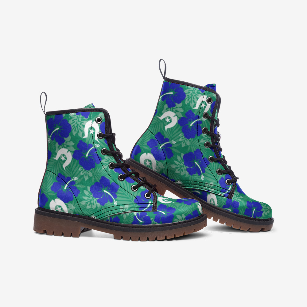 Royal Blue Hibiscus flowers with Dhari on Casual Leather Lightweight Boots