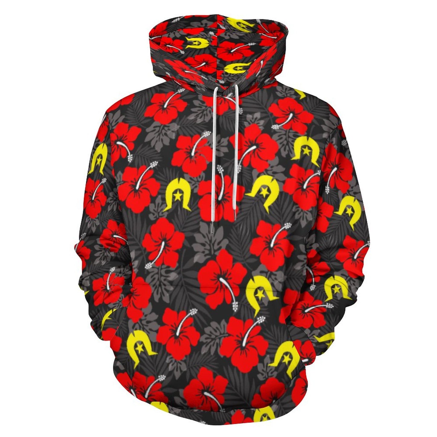 Royal Red Hibiscus with Yellow Dhari on Men's Cool Hoodie with Double-layer Cap
