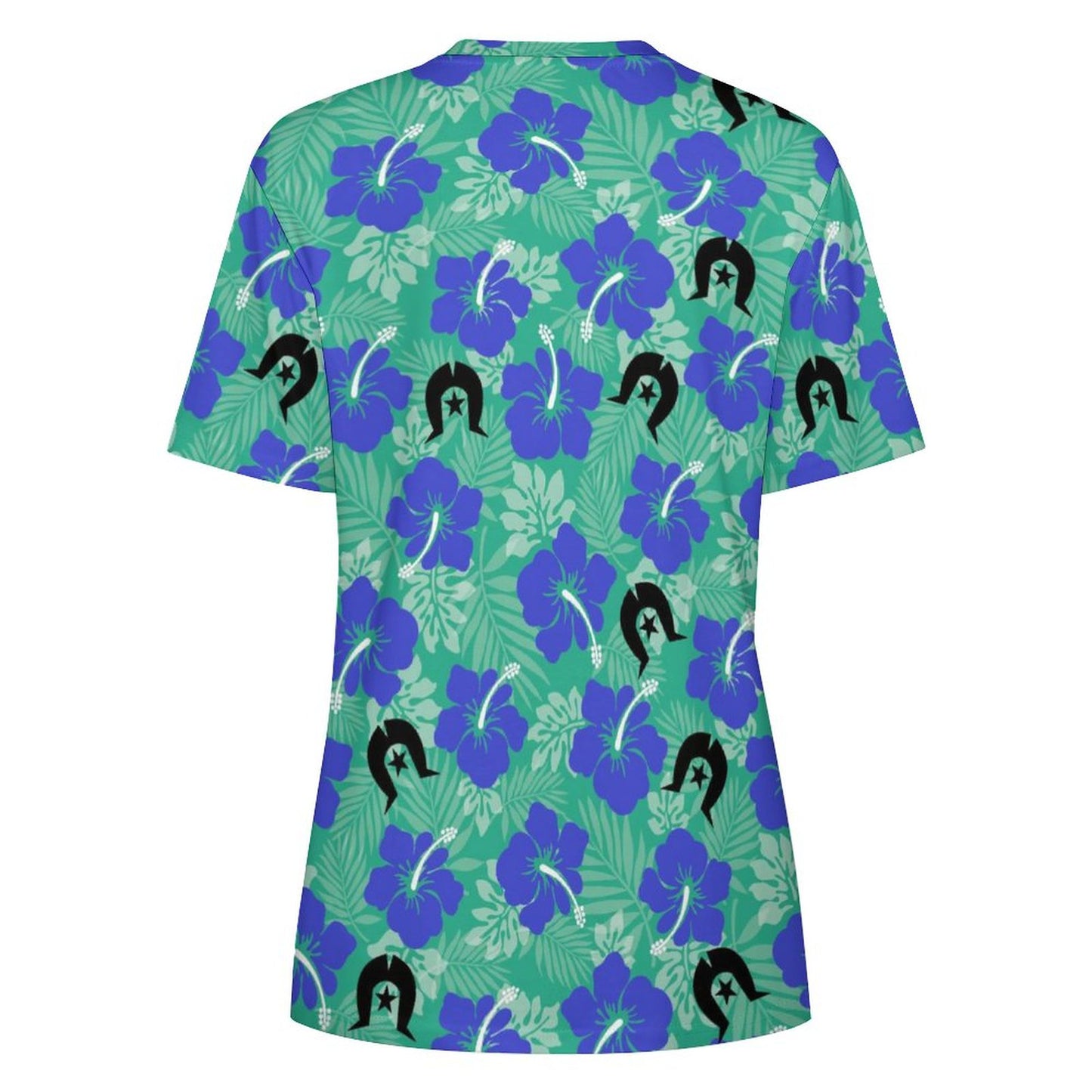 Royal Blue Hibiscus flowers with Black Dhari on Cotton Summer Short Sleeve T-Shirts for Women