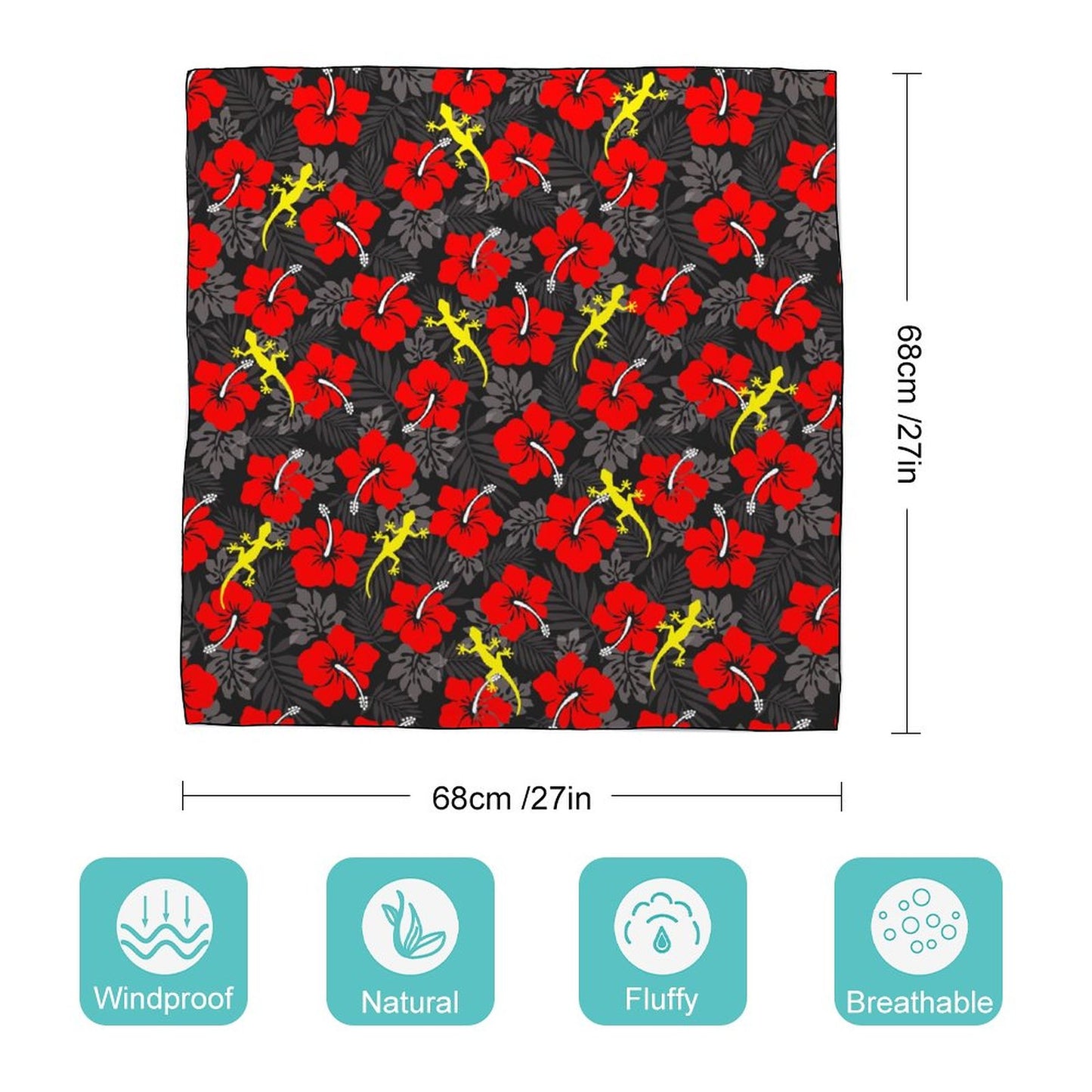 Royal Red Hibiscus flowers with Gecko on Women's Scarf