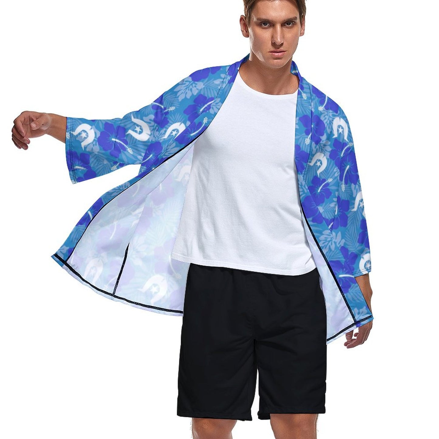 Hibiscus flowers with Dhari (Royal blue) on Drop Shoulder Male Kimono Cardigan