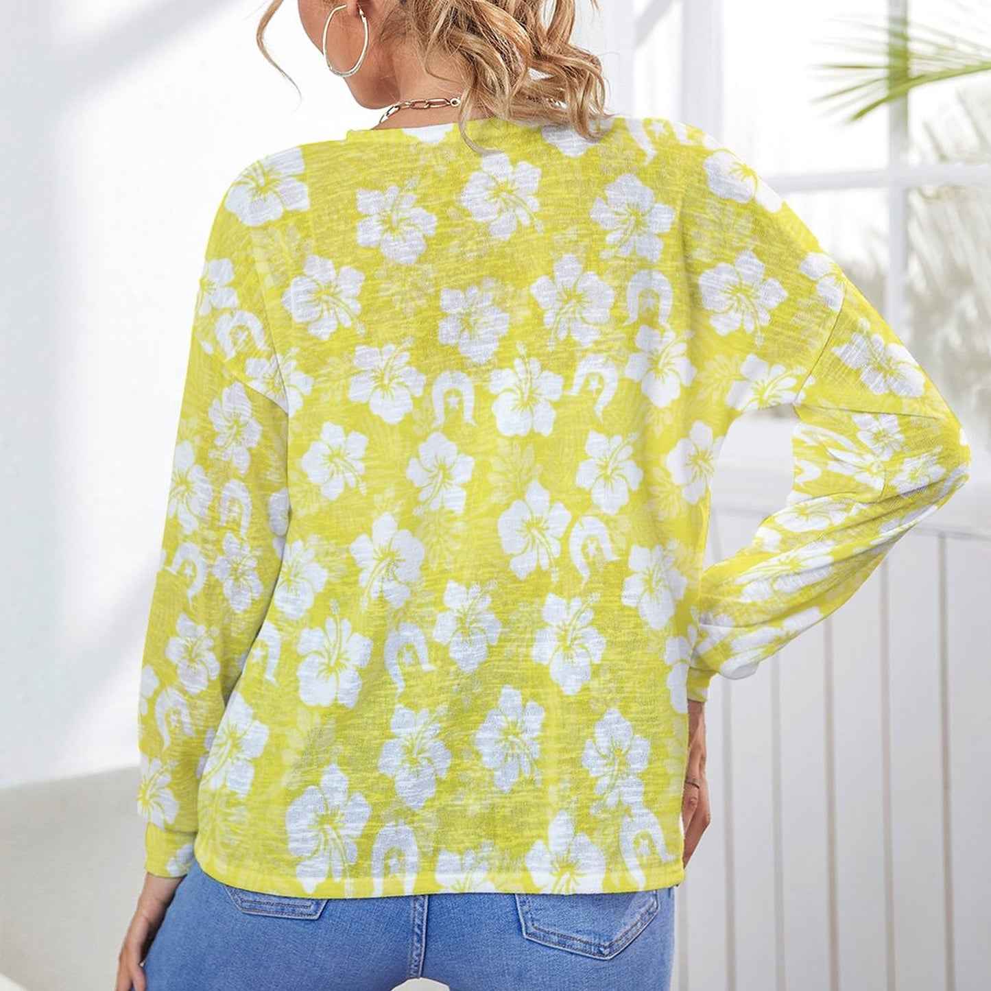 White Hibiscus flowers with Dhari (Yellow) on Long Sleeve Drop Shoulder Open Shirt