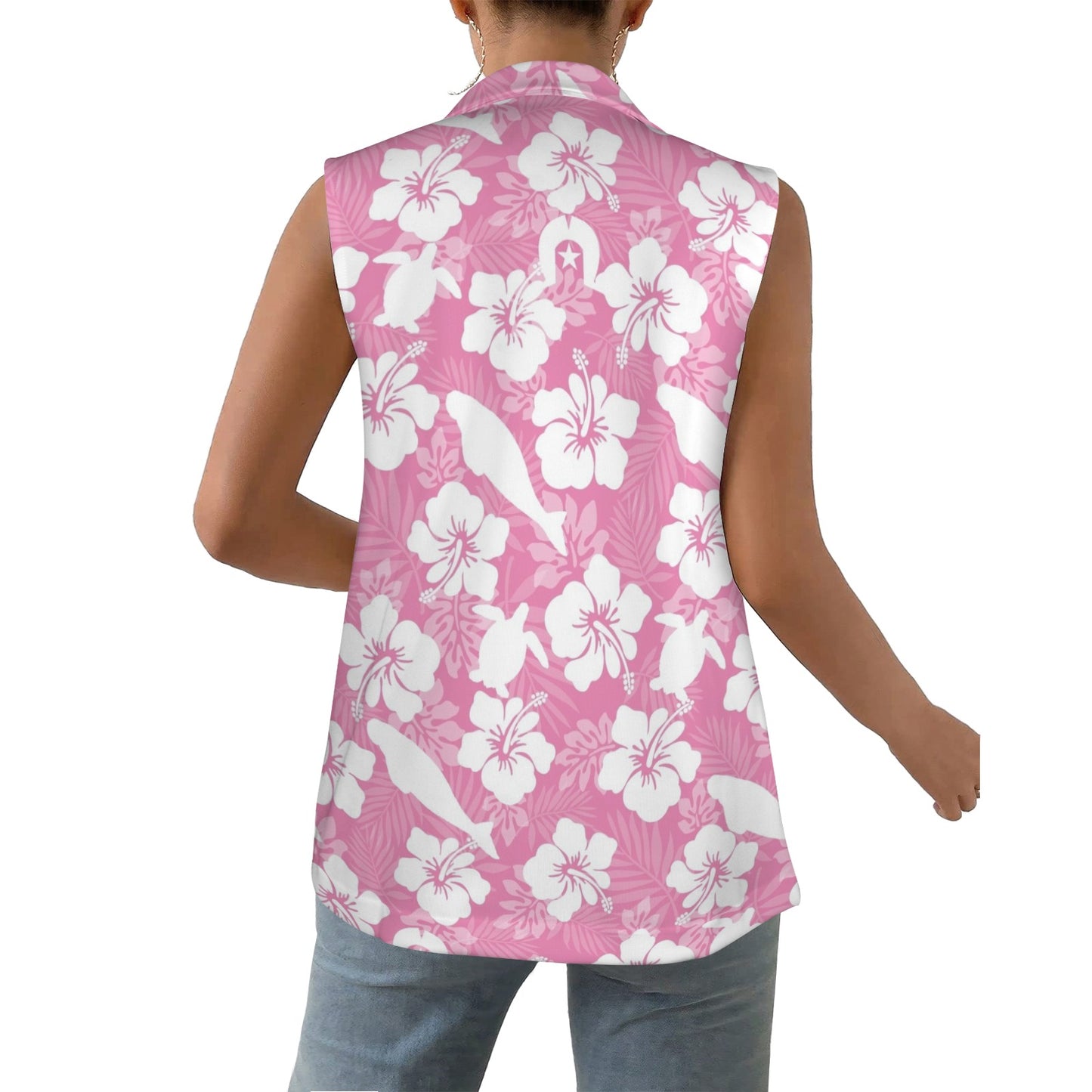 White Hibiscus flowers with Dugong, Turtle and Dhari on Women Sleeveless Suit Vest