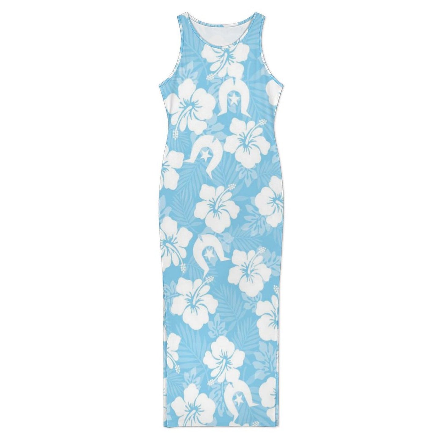 White Hibiscus and Dhari (blue) on 180gsm Slit Fitted Camisole Cheongsam