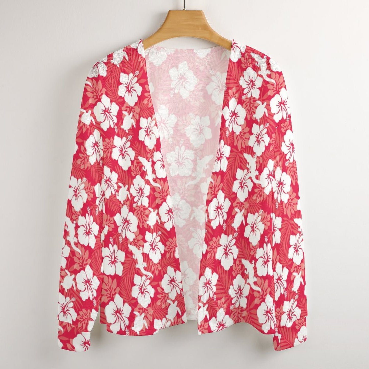 White Hibiscus flowers with Crocodile and Turtle on Long Sleeve Drop Shoulder Open Shirt