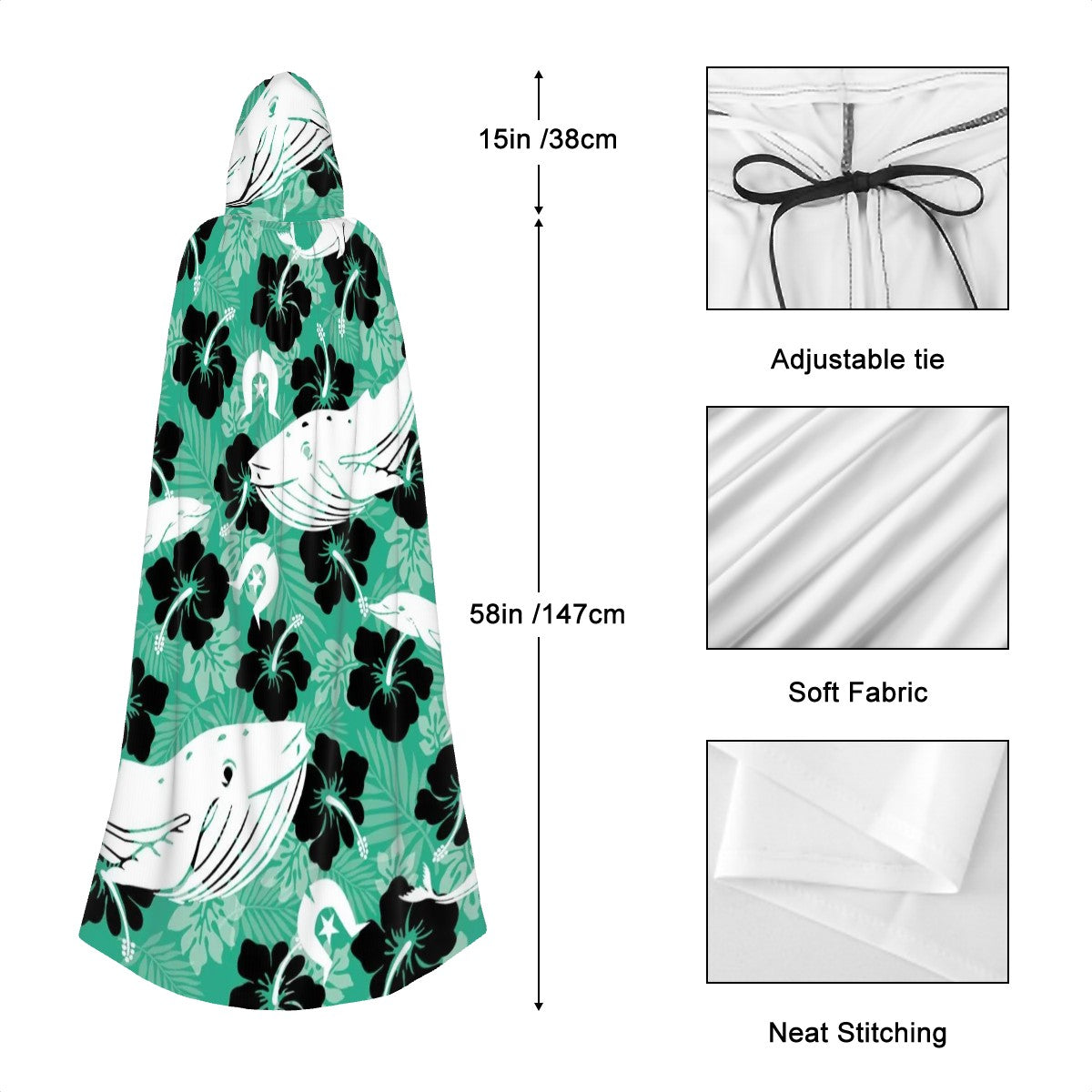 Black Hibiscus with Whale, Dolphin and Dhari on Hooded Cloak