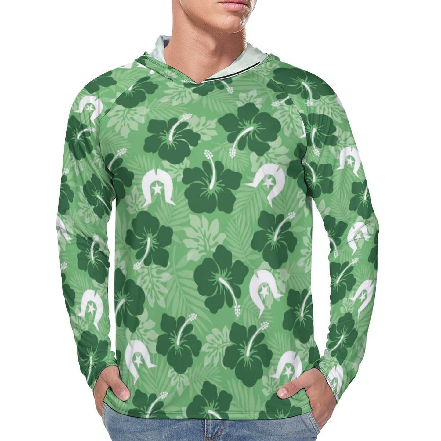 Hibiscus flowers with Dhari (Sea Grass Green) on Men's UPF 40+ Sun Protection Fishing Shirt