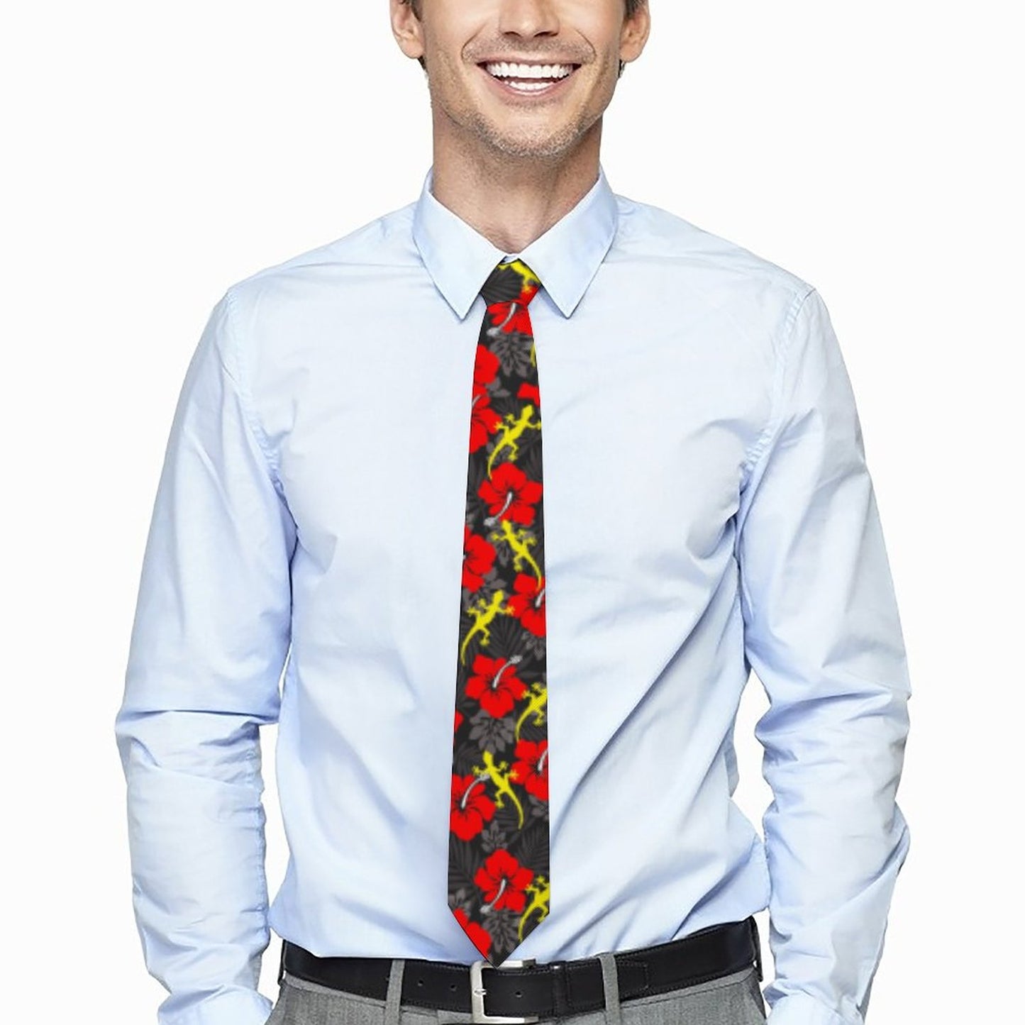 Royal Red Hibiscus flowers with Gecko on Men's Formal Tie