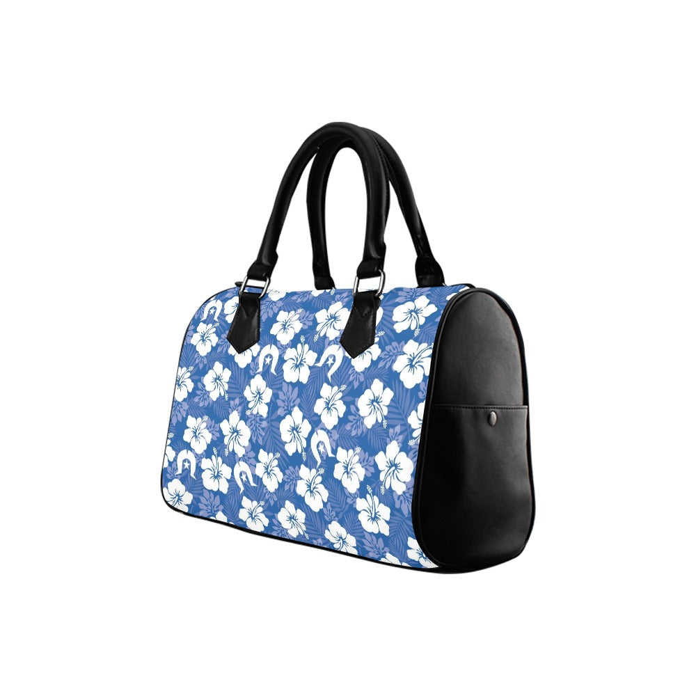 White Hibiscus and Dhari (Blue) on Handbag