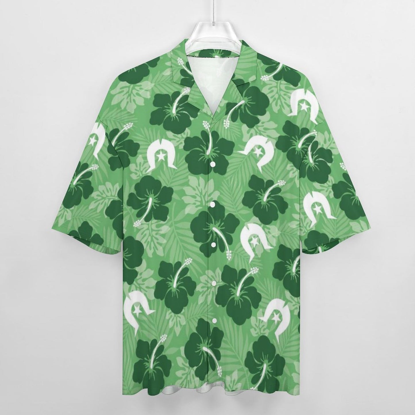 Hibiscus flowers with White Dhari (Sea Grass Green) on Cotton Men's Cuban Collar Short-Sleeve Shirt
