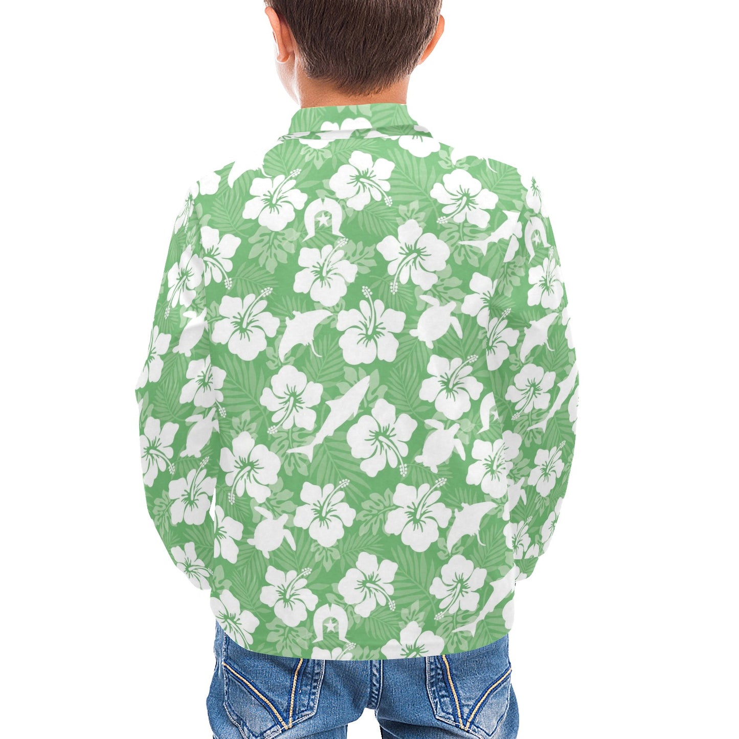 White hibiscus flowers with Dhari, Shark, turtle, and stingray (Green) on Little Boys' Long Sleeve Polo Shirt