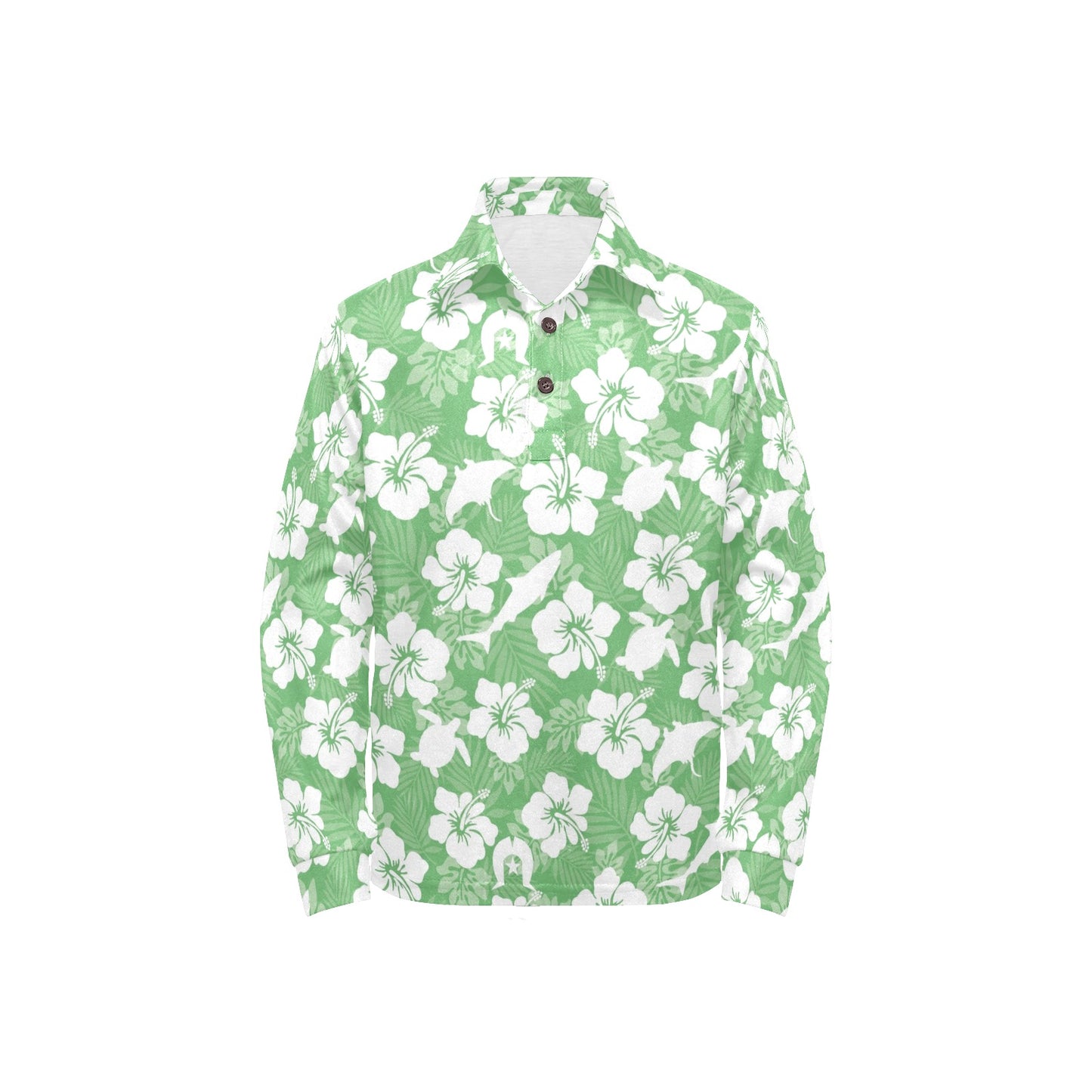 White hibiscus flowers with Dhari, Shark, turtle, and stingray (Green) on Little Boys' Long Sleeve Polo Shirt