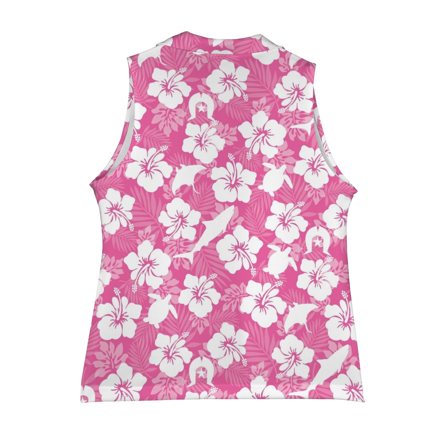 White hibiscus flowers with Dhari, Shark, turtle, and stingray (Pink) on Women Sleeveless Suit Vest