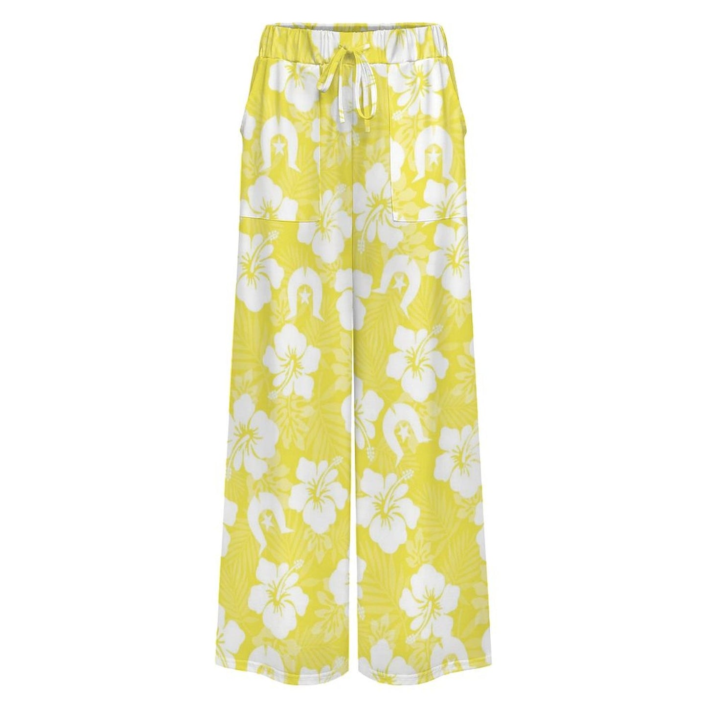 White Hibiscus flowers with Dhari (Yellow) on Women’s Wide-Leg Pants